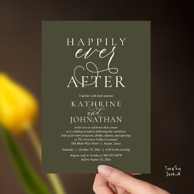 Convites Happily Ever After, Modern Wedding Reception (Happily Ever After, Modern Wedding Reception hors d'oeuvres Drinks Dancing Invites Card Olive Green)