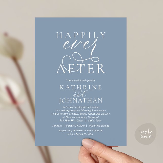 Convites Happily Ever After, Modern Wedding Reception (Happily Ever After, Modern Wedding Reception hors d'oeuvres Drinks Dancing Invites Card Dusty Blue)