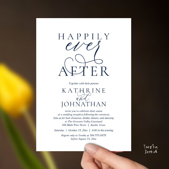 Convites Happily Ever After, Modern Wedding Reception (Happily Ever After, Modern Wedding Reception Drinks Dessert Dancing Invitation Card in Navy Blue)