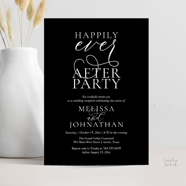 Convites Happily Ever After Party, Classy Wedding Reception (Happily Ever After Party, Classy Wedding Reception Modern Dinner Invitation Card PDF Black White)