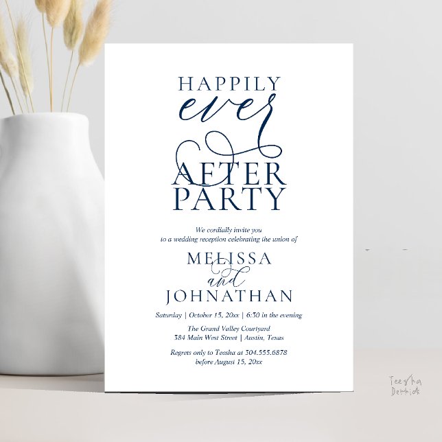 Convites Happily Ever After Party, Classy Wedding Reception (Happily Ever After Party, Classy Wedding Reception Modern Dinner Invitation Card PDF Navy Blue)