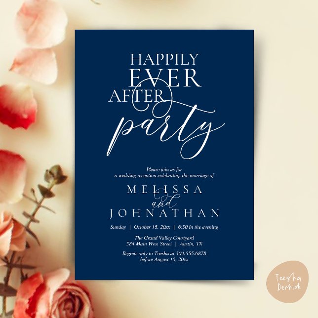 Convites Happily Ever After Party, Modern Classy Wedding (Happily Ever After Party, Modern Classy Wedding Invitation Card PDF Navy Blue)