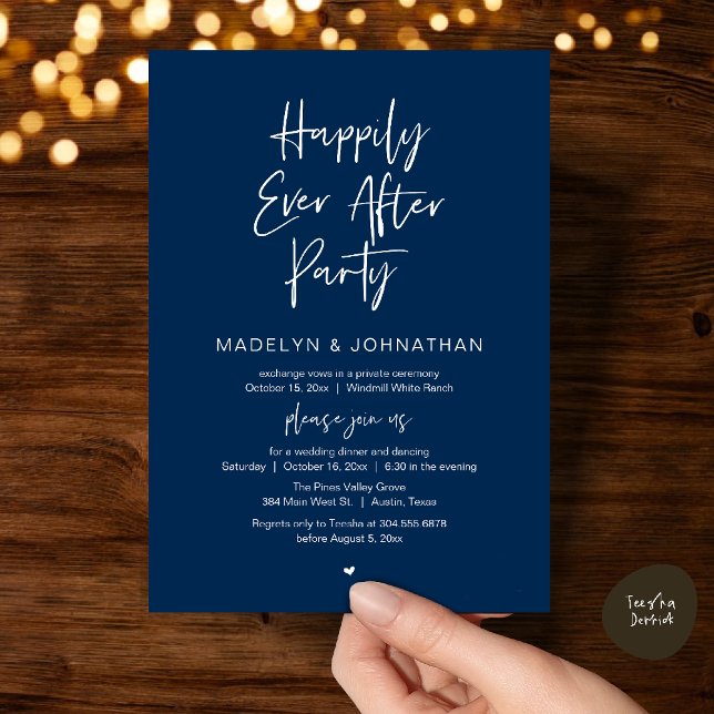 Convites Happily Ever After Party, Modern Wedding Dinner (Happily Ever After Party, Modern Wedding Reception Dinner Invitation card in navy blue)