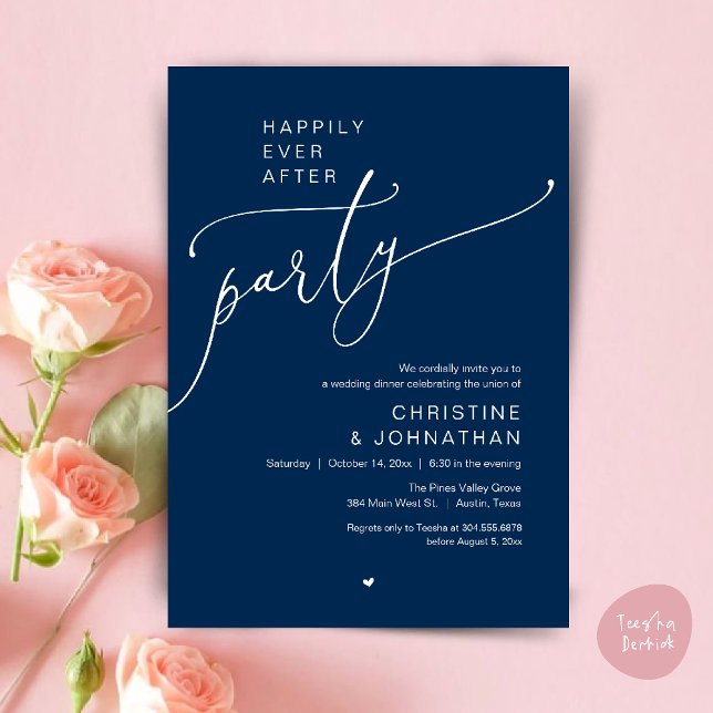 Convites "Happily Ever After Party" Modern Wedding Dinner ("Happily Ever After Party" Modern Wedding Dinner reception Invitation card in navy blue)