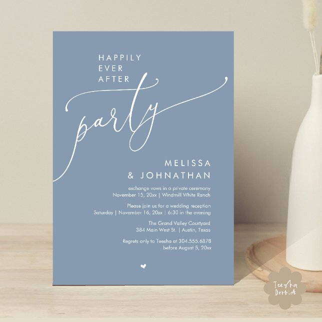 Convites Happily Ever After Party Modern Wedding Reception (Happily Ever After Party Modern Wedding Reception Invitation Card Dinner Brunch Lunch in Dusty Blue)