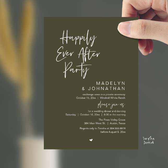 Convites Happily Ever After Party, Modern Wedding Reception (Happily Ever After Party, Modern Wedding Reception Dinner Invitation card in olive green)