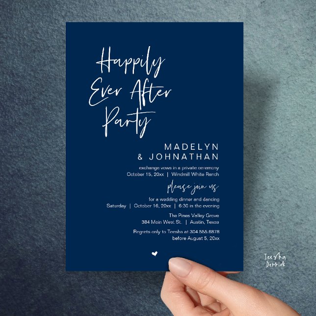 Convites Happily Ever After Party, Modern Wedding Reception (Happily Ever After Party, Modern Wedding Reception Dinner Invitation card in navy blue)