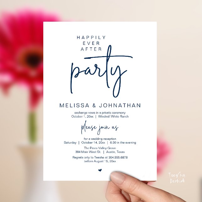 Convites Happily Ever After Party, Modern Wedding Reception (Happily Ever After Party, Modern Wedding Reception Dinner Invitation Card in Navy Blue)