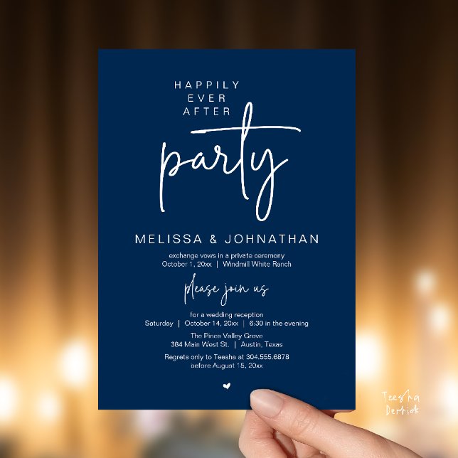 Convites Happily Ever After Party, Modern Wedding Reception (Happily Ever After Party, Modern Wedding Reception Dinner Invitation Card in Navy Blue)