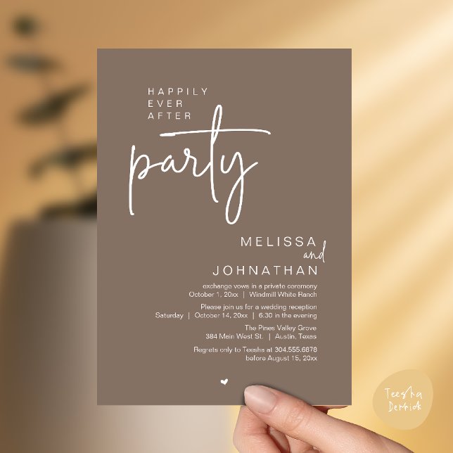 Convites Happily Ever After Party, Modern Wedding Reception (Happily Ever After Party, Modern Wedding Reception Invitation Card in Taupe earthy brown)