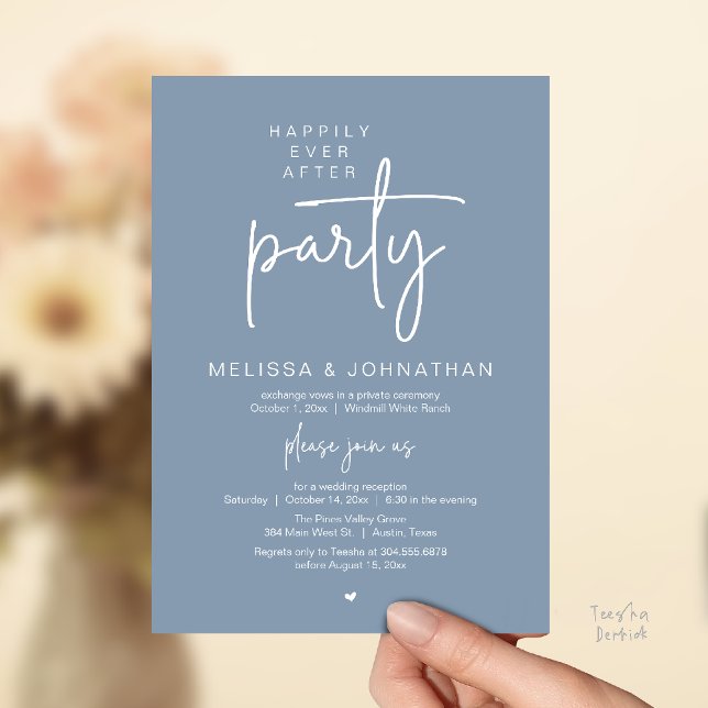 Convites Happily Ever After Party, Modern Wedding Reception (Happily Ever After Party, Modern Wedding Reception Dinner Invitation Card in Dusty Blue)
