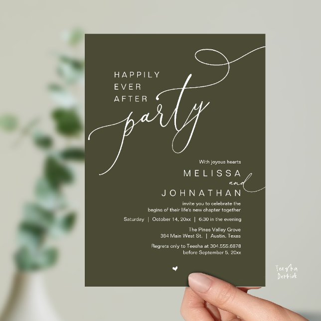 Convites Happily Ever After Party, Romantic Wedding Dinner (Happily Ever After Party, Romantic Wedding Reception Dinner Invitation Card in Olive Green)