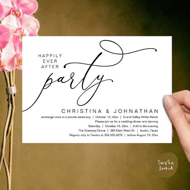 Convites Happily Ever After Party, Romantic Wedding Dinner (Happily Ever After Party, Romantic Modern Elopement Dinner Dancing Invites Card PDF Black White)