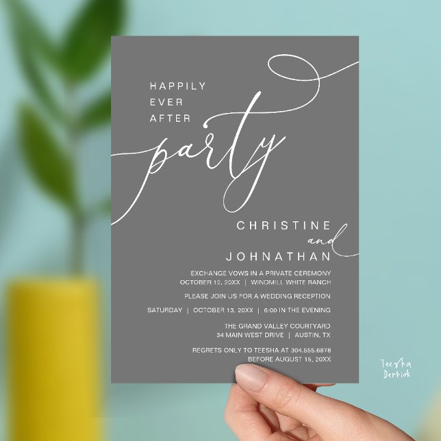 Convites Happily Ever After Party Romantic Weds Reception (Happily Ever After Party Romantic Weds Reception Invitation Card in Dark Grey)