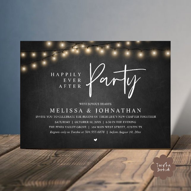 Convites Happily Ever After Party, Rustic String Lights (Happily Ever After Party, Rustic Wedding String Lights Invitation card, Reception chalkboard)