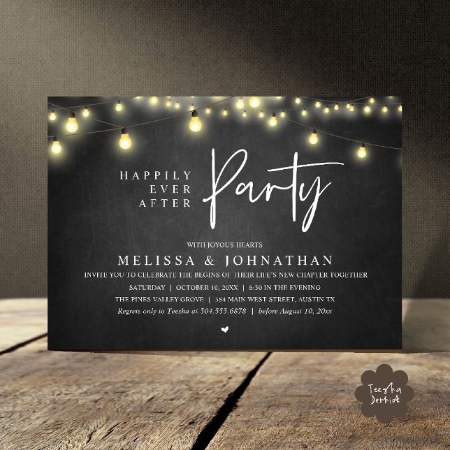Convites Happily Ever After Party, Rustic String Lights (Happily Ever After Party, Rustic Wedding String Lights Invitation card, Reception chalkboard)