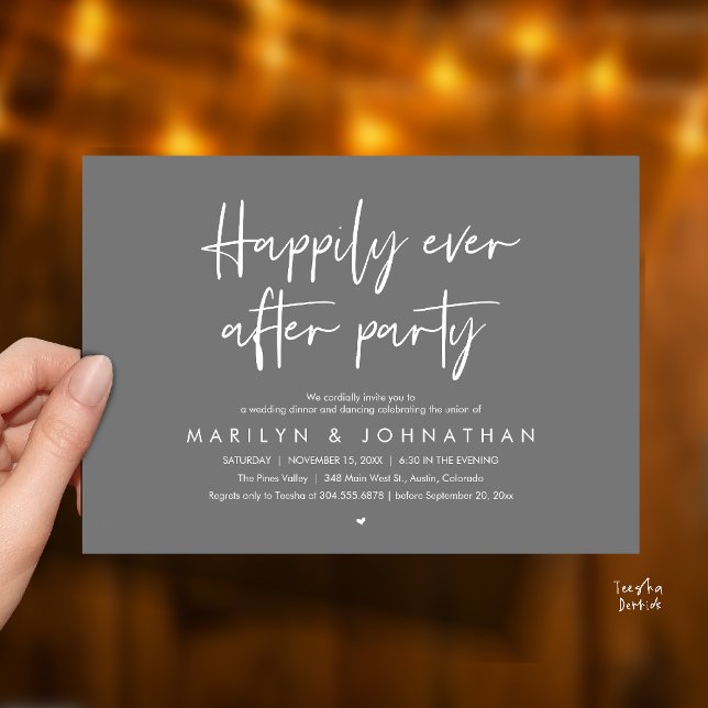 Convites Happily Ever After Party, Wedding Dinner Dancing (Happily Ever After Party, Wedding Dinner Dancing Invitation Card in Dark Grey)