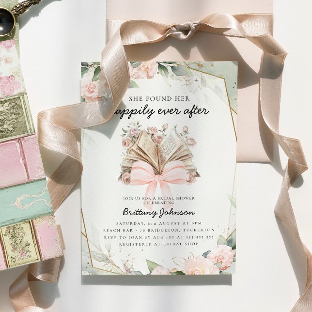 Convites Happily Ever After Pink Floral Book Bridal Shower (Criador carregado)