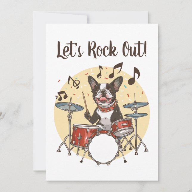 Convites Happy Birthday Boston Terrier Dog Playing Drums (Frente)