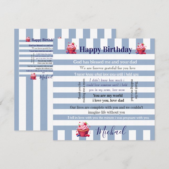 Convites Happy Birthday Invitation Blue & White Stripe  (Frente/Verso)