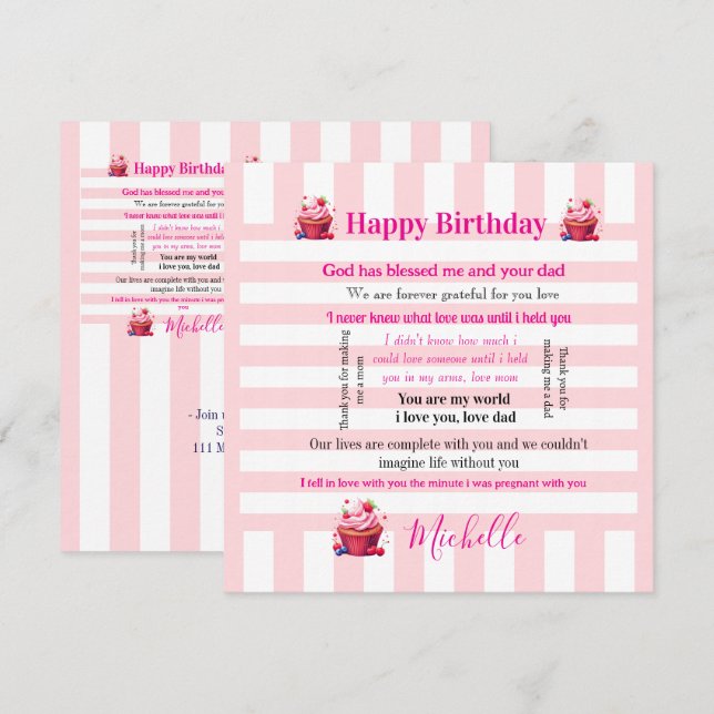 Convites Happy Birthday Invitation Pink & White Stripe (Frente/Verso)