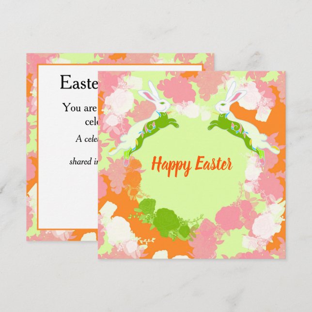 Convites Happy Easter Invitation Card – Cute Bunny Floral  (Frente/Verso)