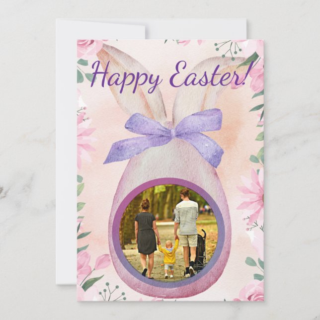 Convites Happy Easter pink egg with bow insert photo (Frente)