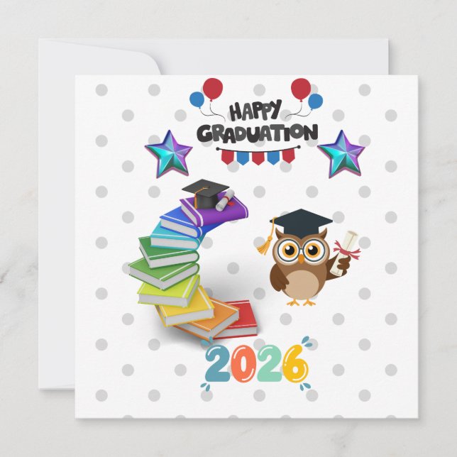 Convites Happy Graduation 2026 - Cute Owl & Books  (Frente)