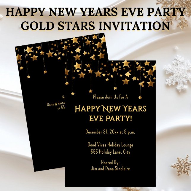 Convites Happy New Years Eve Party Gold Stars (Happy New Years Eve Party Invitation Gold Stars on Black)