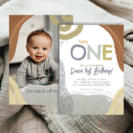 Convites Happy One First Birthday Photo boy Invitation
