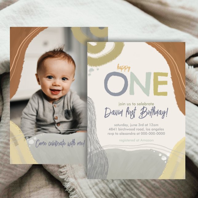Convites Happy One First Birthday Photo boy Invitation (Criador carregado)