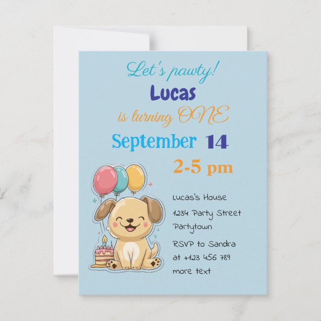 Convites Happy Puppy, Boy, Let's Pawty, 1st Birthday  (Frente)