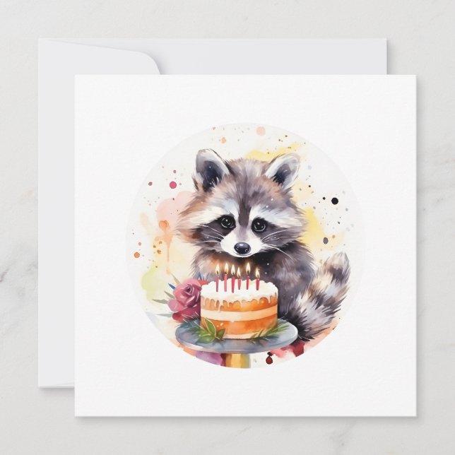 Convites Happy Raccoon com bolo de aniversário (Frente)