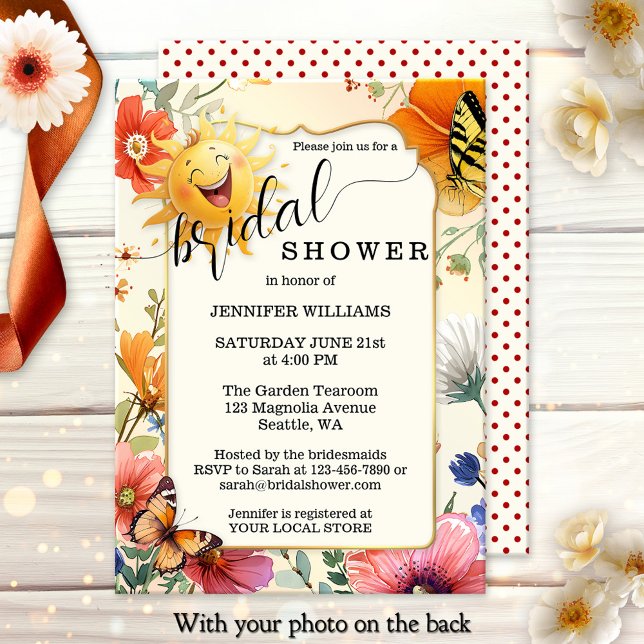 Convites Happy Retro Wildflower Watercolor Bridal Shower (Bridal shower photo invitation featuring watercolor wildflowers and a happy laughing sun)
