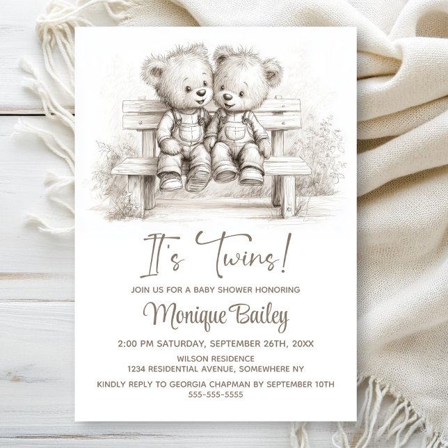 Convites Happy Teddy Bear Twins Baby Shower (Criador carregado)