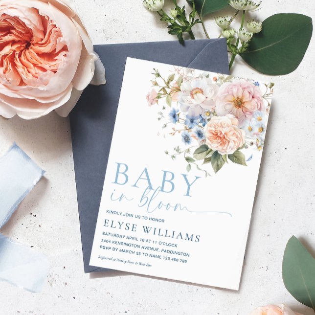 Convites Hargrove Blue Floral Baby In BloChá de fraldas (Criador carregado)