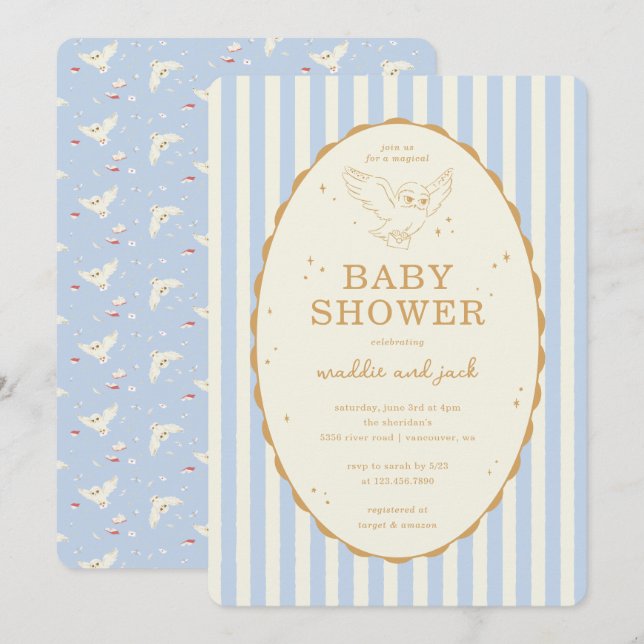 Convites Harry Potter Hedwig Blue Stripe Baby Shower (Frente/Verso)