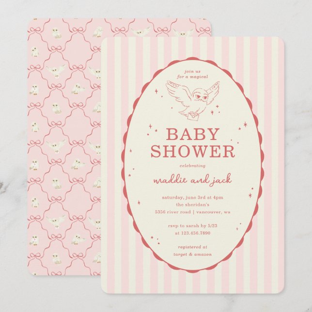 Convites Harry Potter Hedwig Pink Stripe Baby Shower (Frente/Verso)
