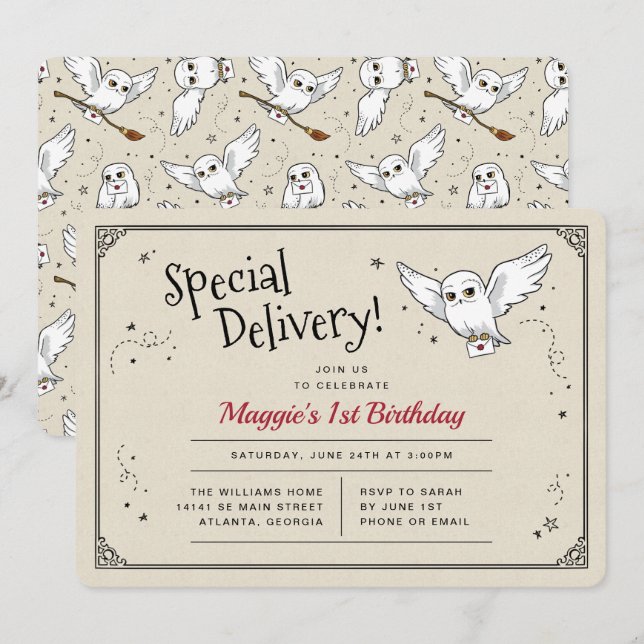 Convites Harry Potter Hedwig Special Delivery Birthday (Frente/Verso)
