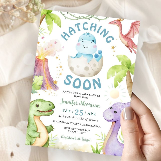 Convites Hatching Soon Boy Dinosaur Baby Shower (Criador carregado)