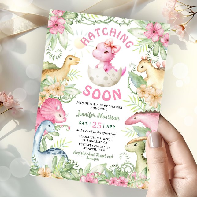 Convites Hatching Soon Dino Girl Dinosaur Baby Shower (Criador carregado)
