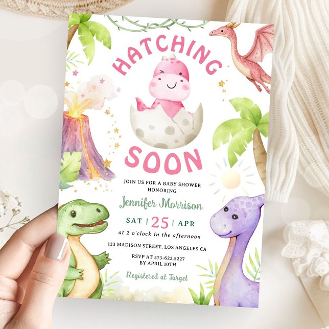 Convites Hatching Soon Girl Dinosaur Baby Shower (Criador carregado)