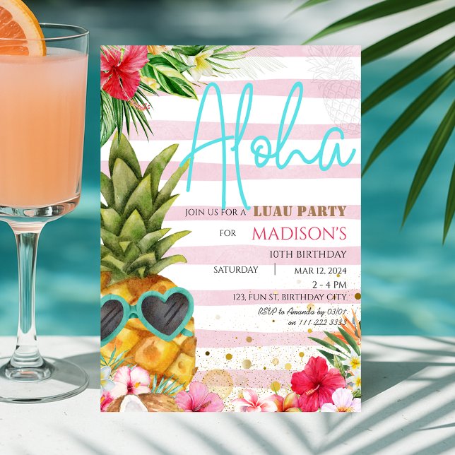 Convites Havaí Luau Pineapple Tropical Girl Birthday (Hawaiian Luau Pineapple Tropical Girl Birthday Invitation)
