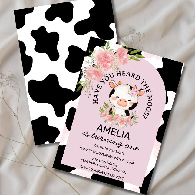 Convites Have You Heard the Moos Pink  Cow Print  Birthday (Have You Heard the Moos cow invite with watercolor flowers)