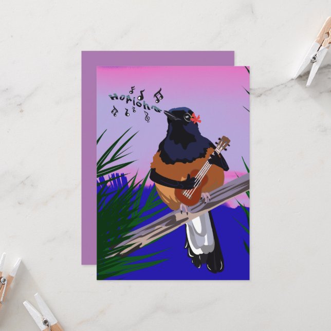 Convites Hawaiai Shama Bird tocando ukulele (Frente/Verso In Situ)