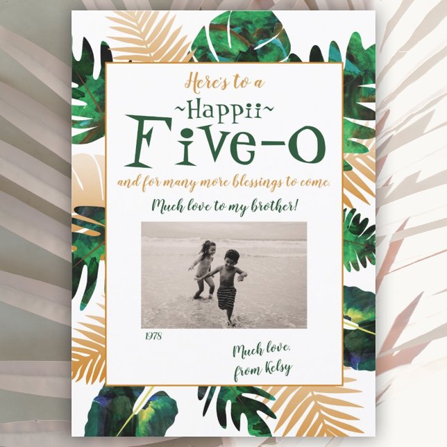 Convites Hawaii 5-0 50th Aniversário Card (gold fern leaves hawaii 5-0 50th birthday tropical happy birthday greeting card)