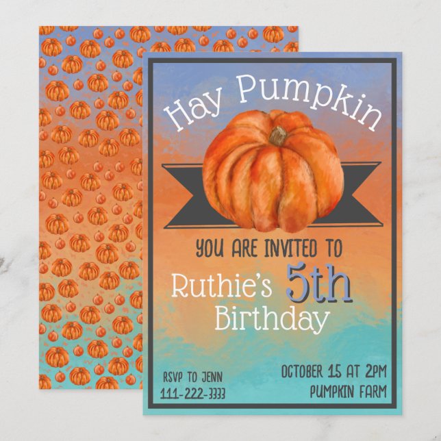 Convites Hay Pumpkin Fall Birthday Party Invitation (Frente/Verso)