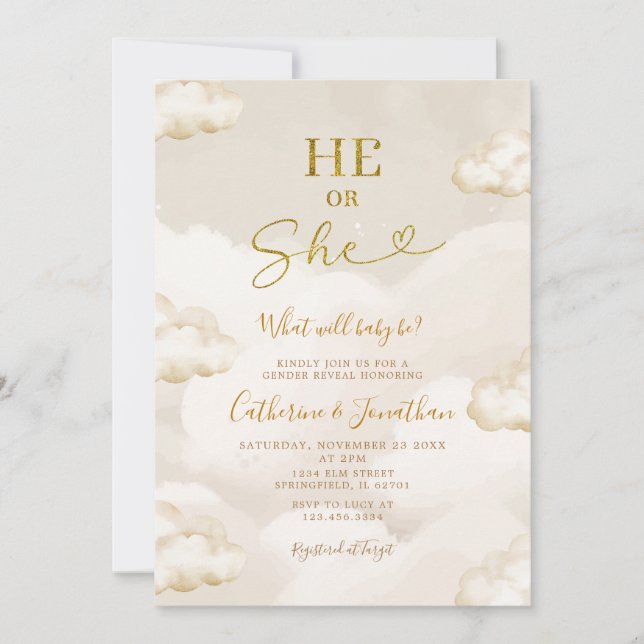 Convites He Or She Boho Beige Clouds Gold Gender Reveal (Frente)