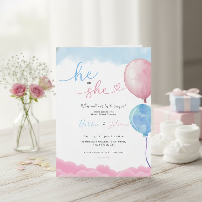 Convites He or She Cute Pink & Blue Balloons Gender Reveal (Criador carregado)