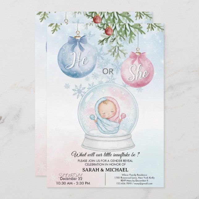 Convites He or She? Festive Christmas Gender Reveal Party  (Frente/Verso)